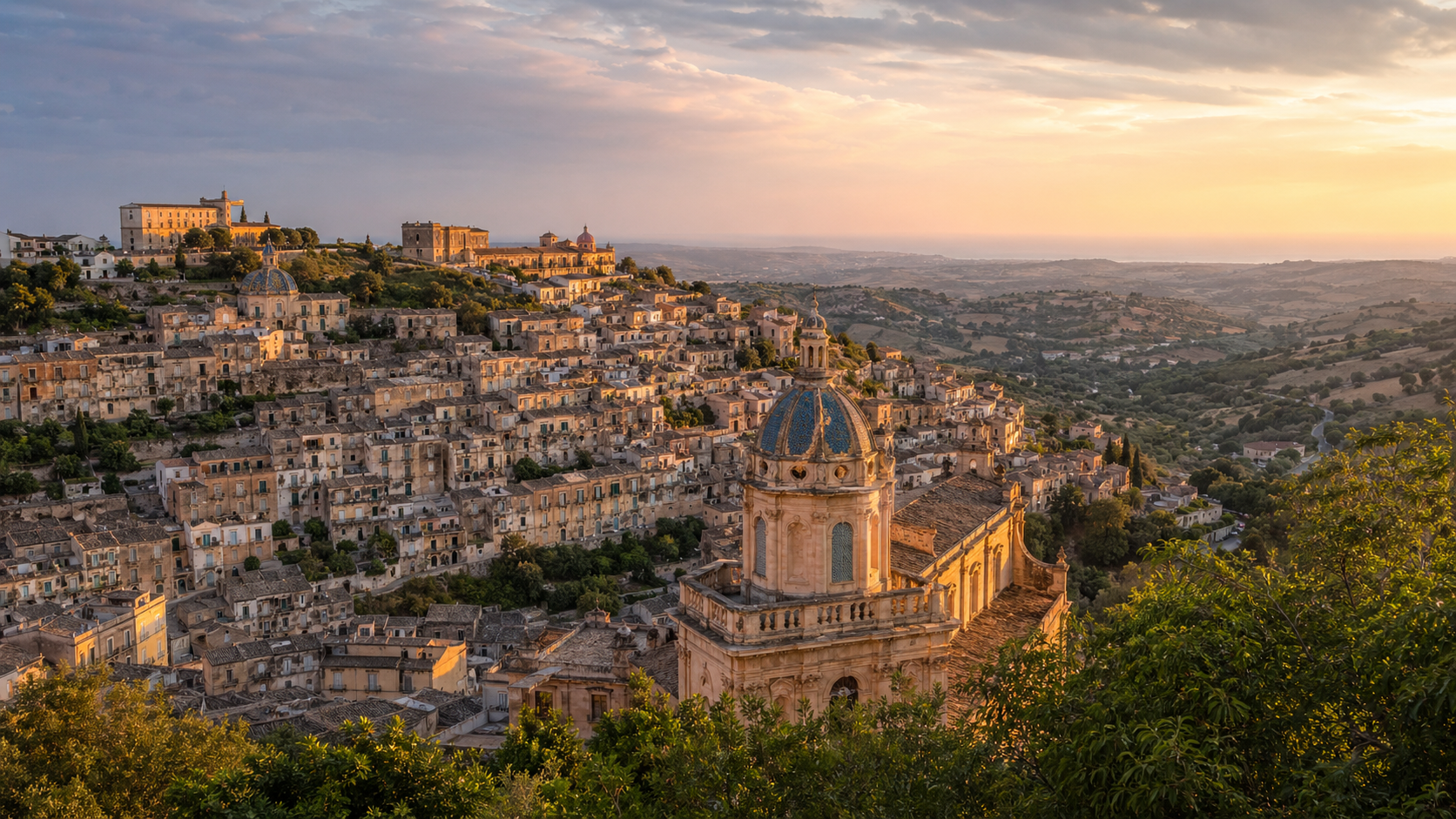 Sunset Over A Hillside Town