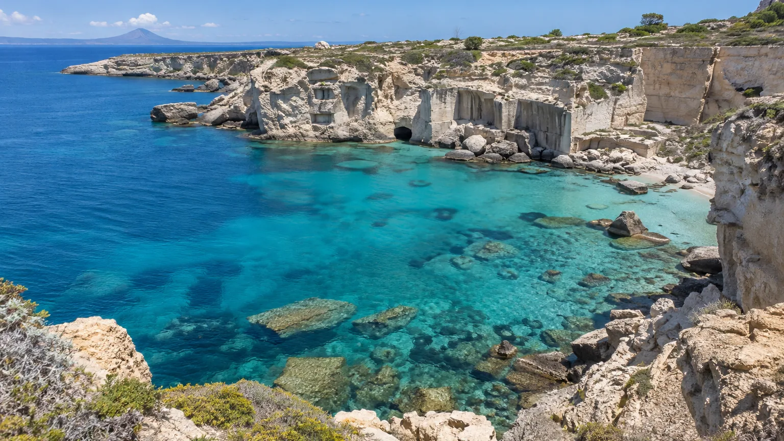 Türkise Bucht mit Tuffküste und alten Steinbruch-Schnitten auf Favignana
