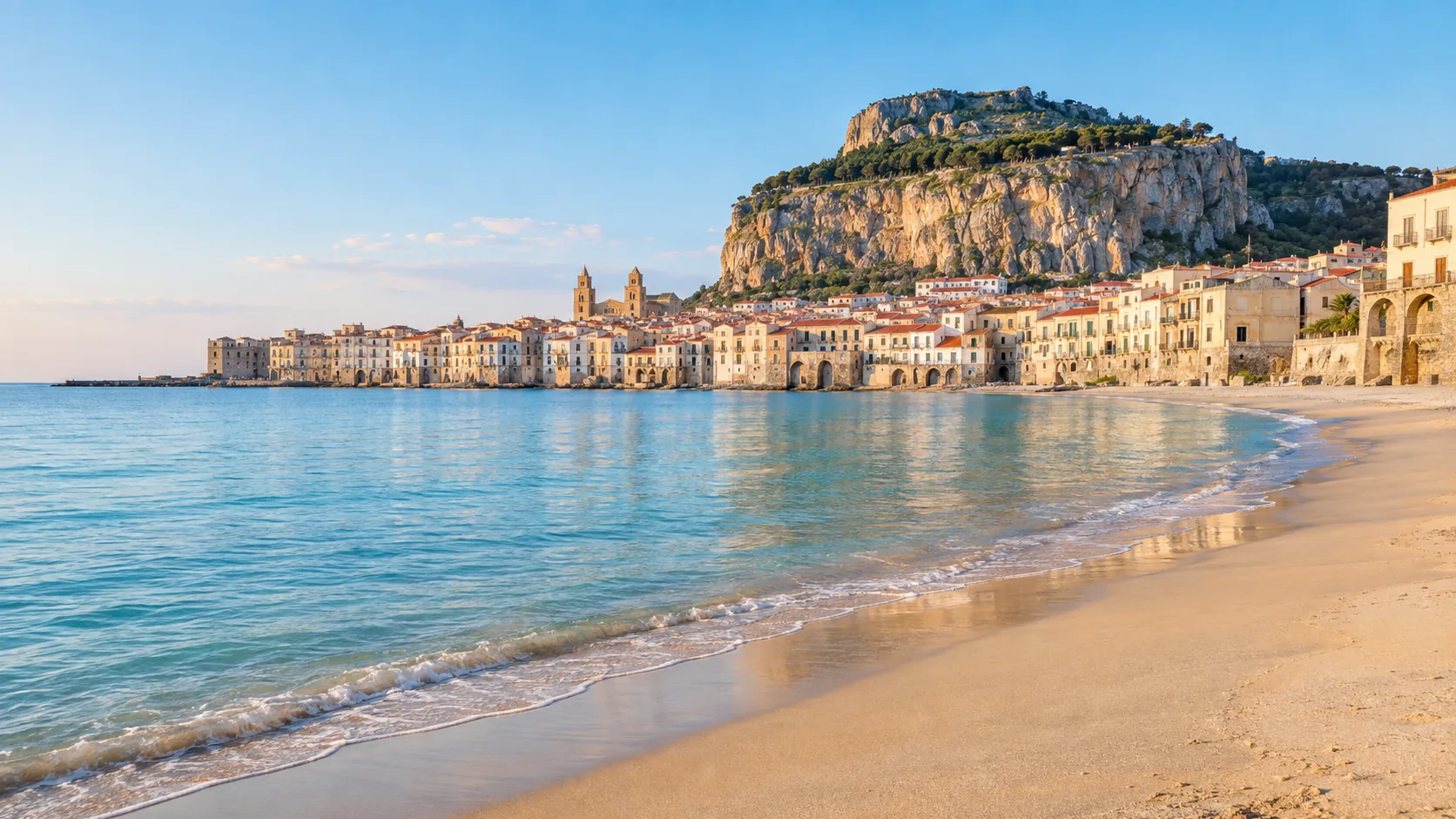 Sandstrand von Cefalù mit Altstadt und Rocca