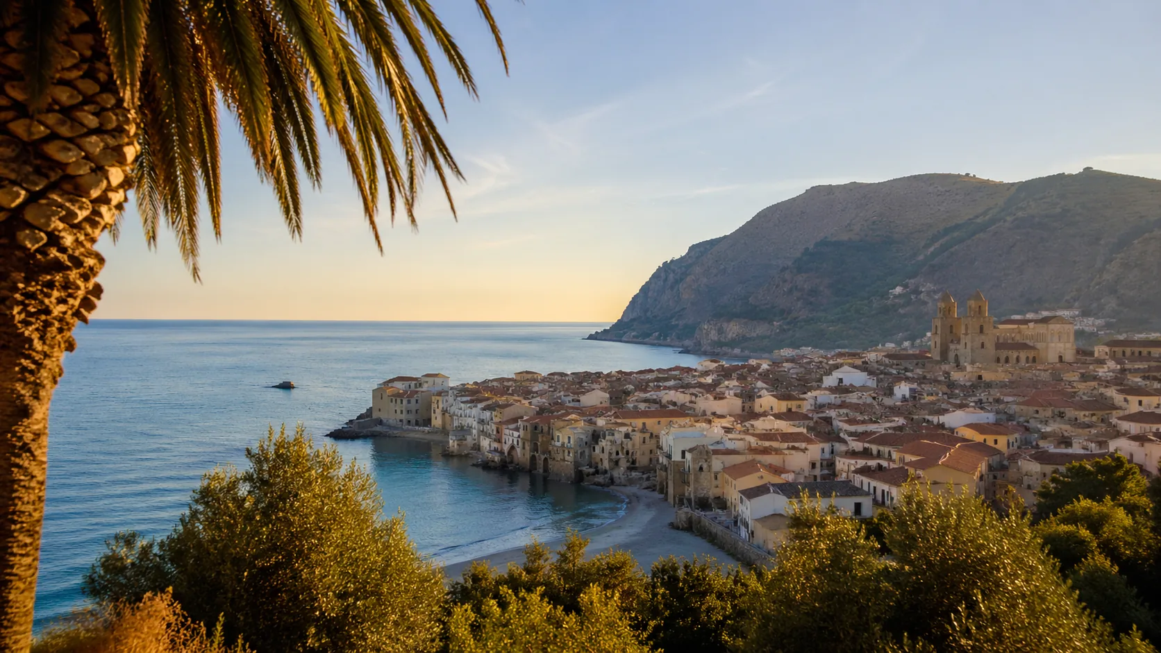 Cefalù-Altstadt mit Kathedralen-Türmen und Rocca im Hintergrund