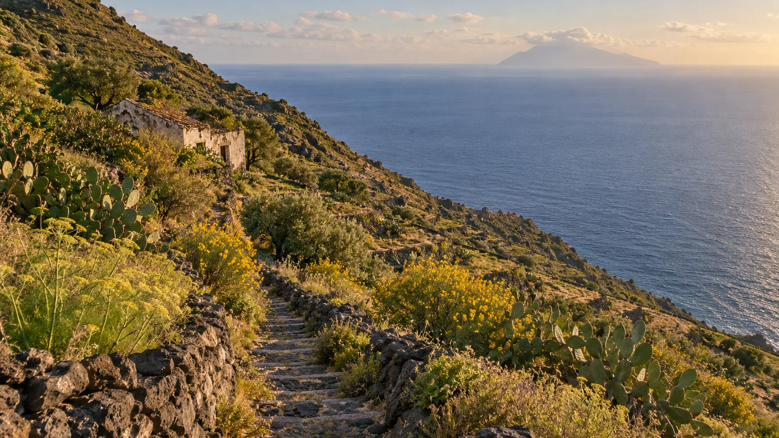 Trockenmauern und Treppenweg aus Lavastein an einem grünen Inselhang über dem Meer