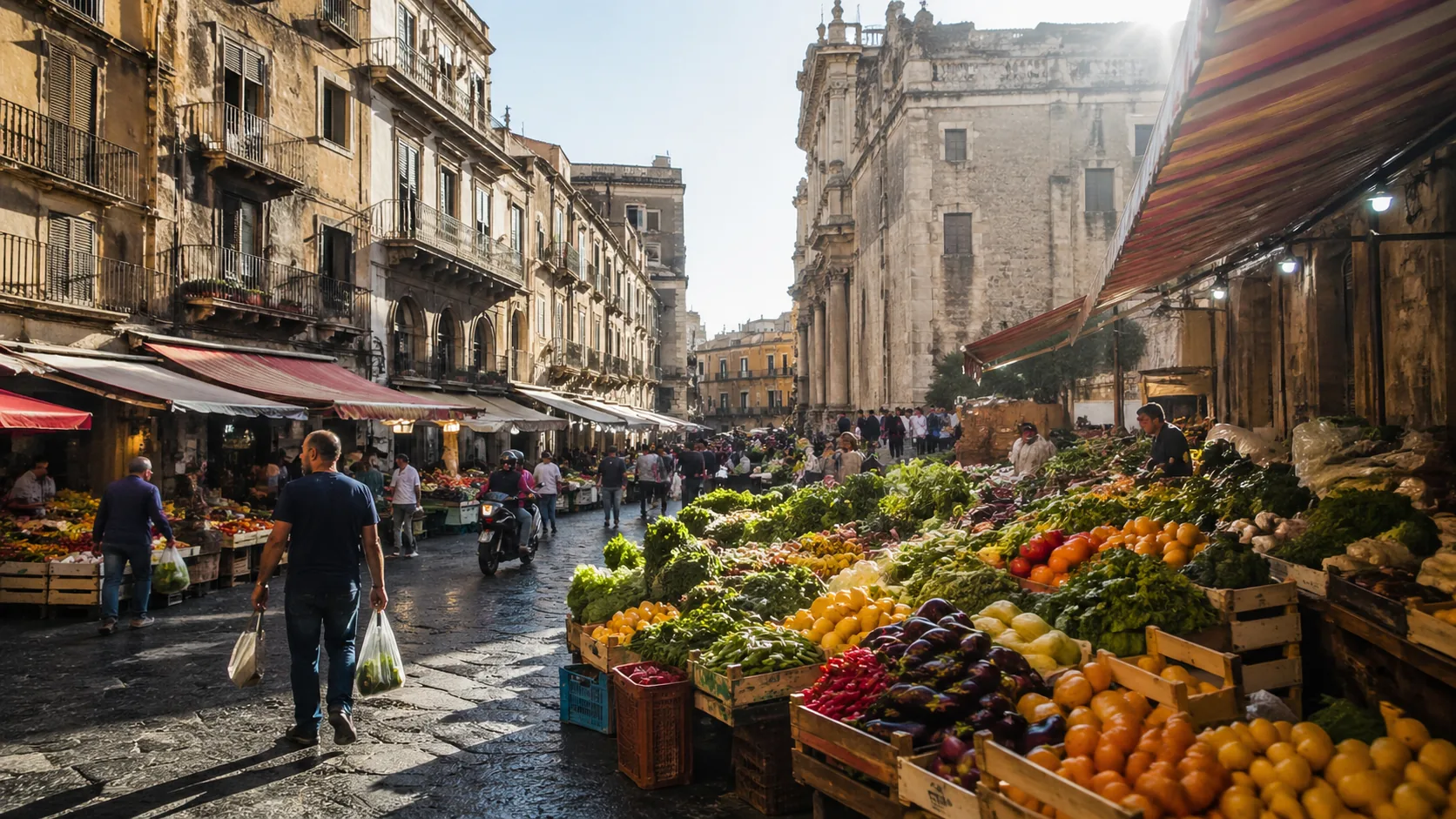 Sonniger sizilianischer Markt mit lokalen Spezialitäten
