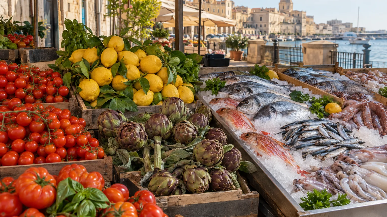 Marktstand mit Tomaten, Zitronen, Artischocken und frischem Fisch