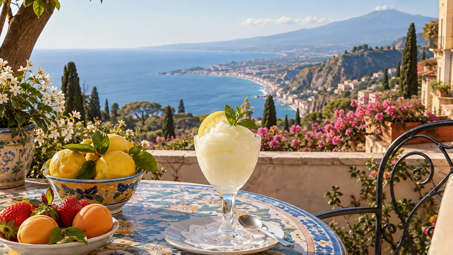Zitronengranita und Obst auf einer Terrasse über dem Ionischen Meer