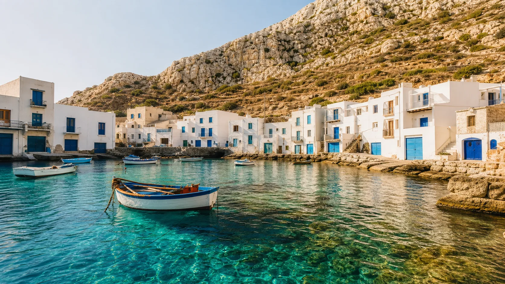 Levanzo Hafen mit weißen Häusern und blauem Mittelmeer