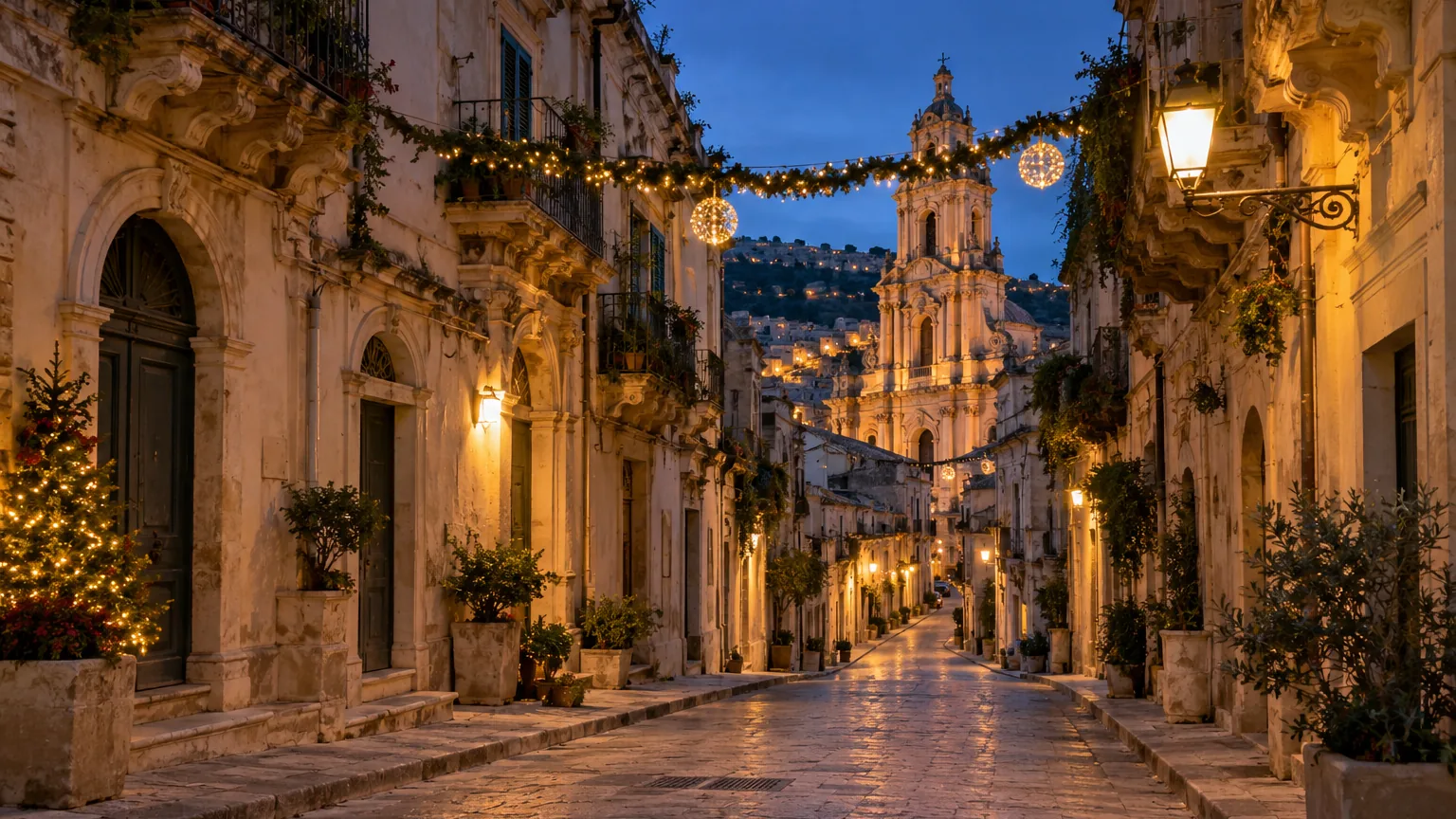 Barockgasse mit Weihnachtsbeleuchtung zur blauen Stunde
