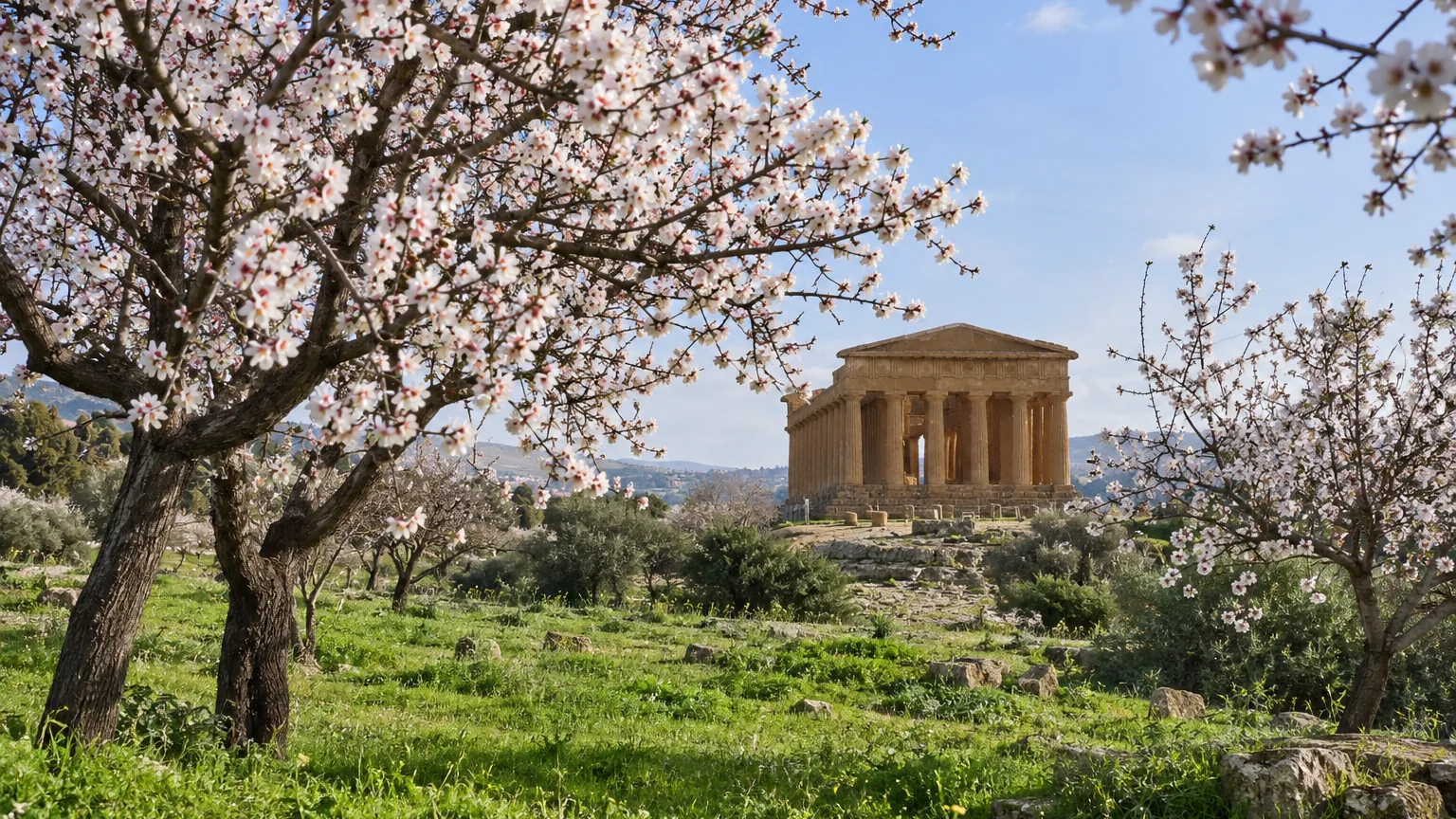 Mandelblüte vor dem Concordia-Tempel im Tal der Tempel