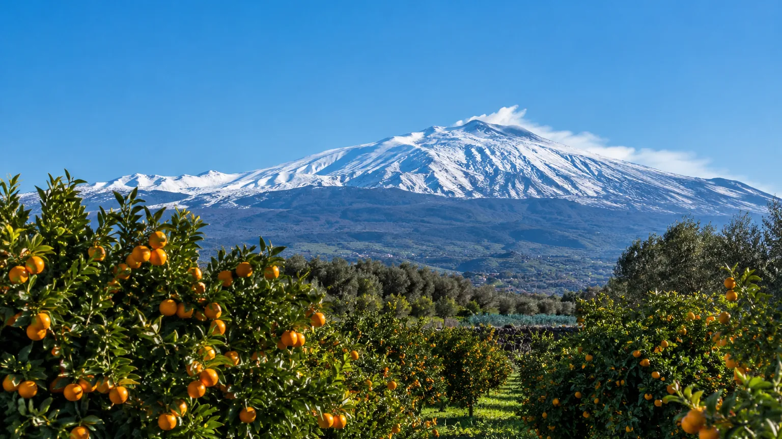 Verschneiter Aetna hinter einem Orangenhain im Januar