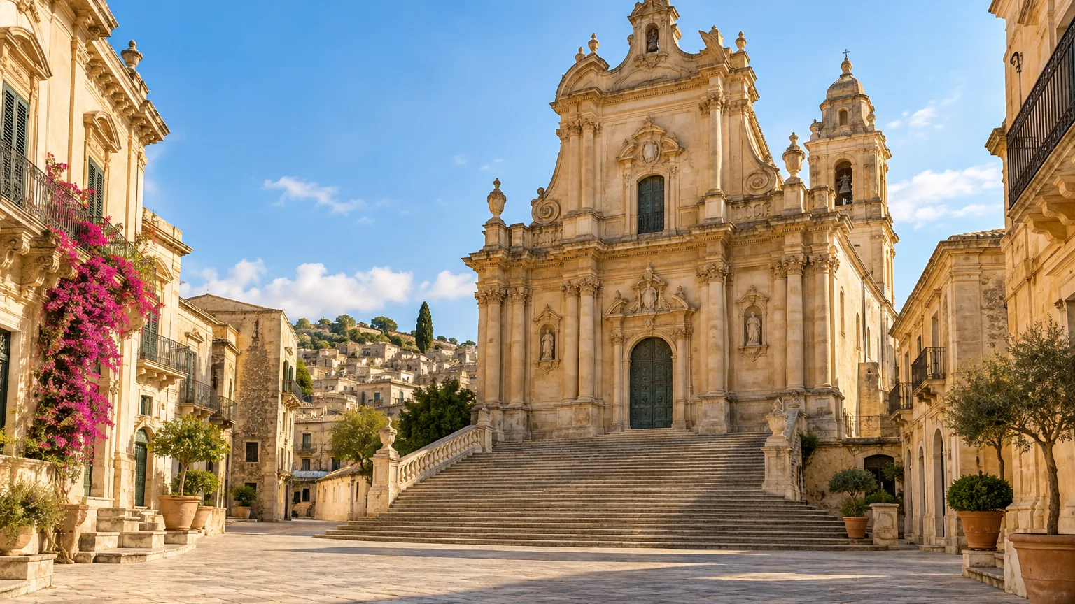 Barockkirche mit Freitreppe in einer Kleinstadt im Südosten