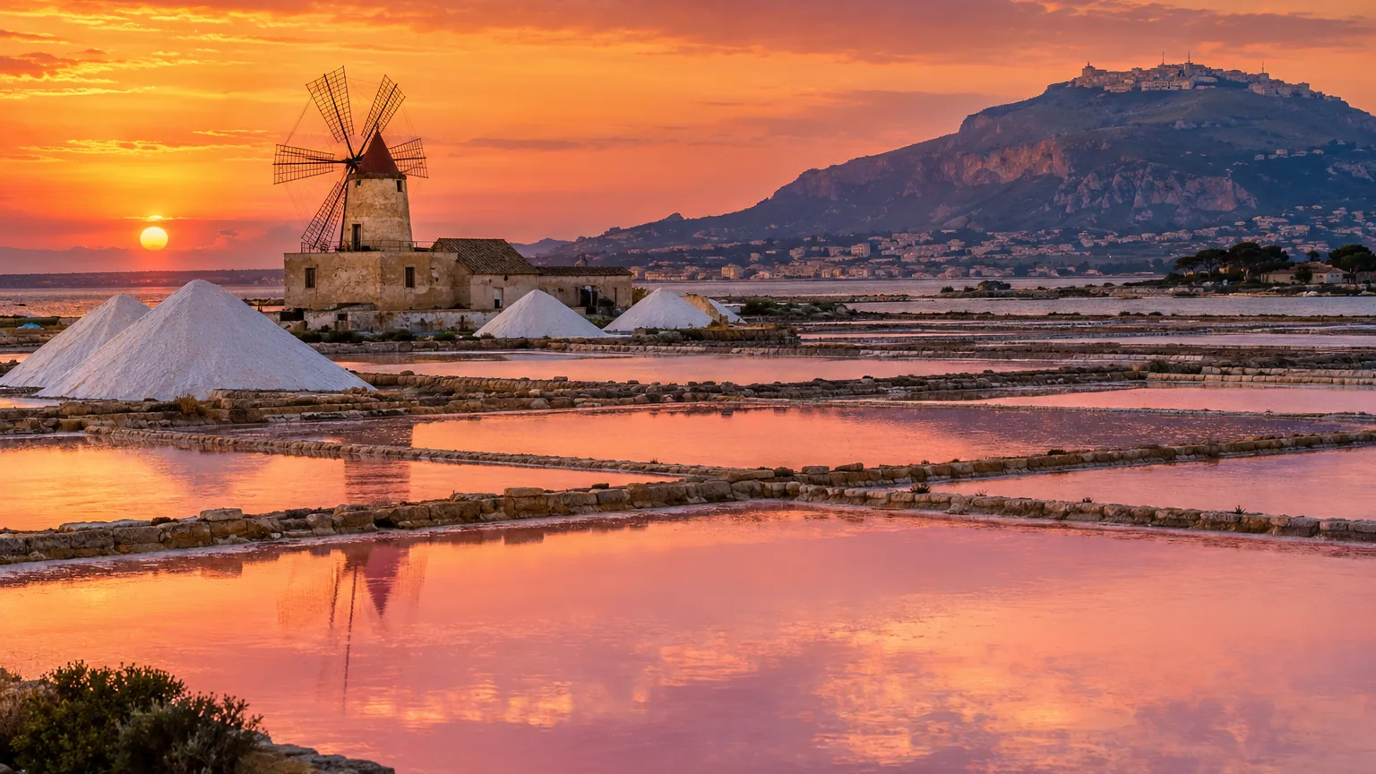 Salinen von Trapani mit Windmühle und Salzhaufen, darüber Erice