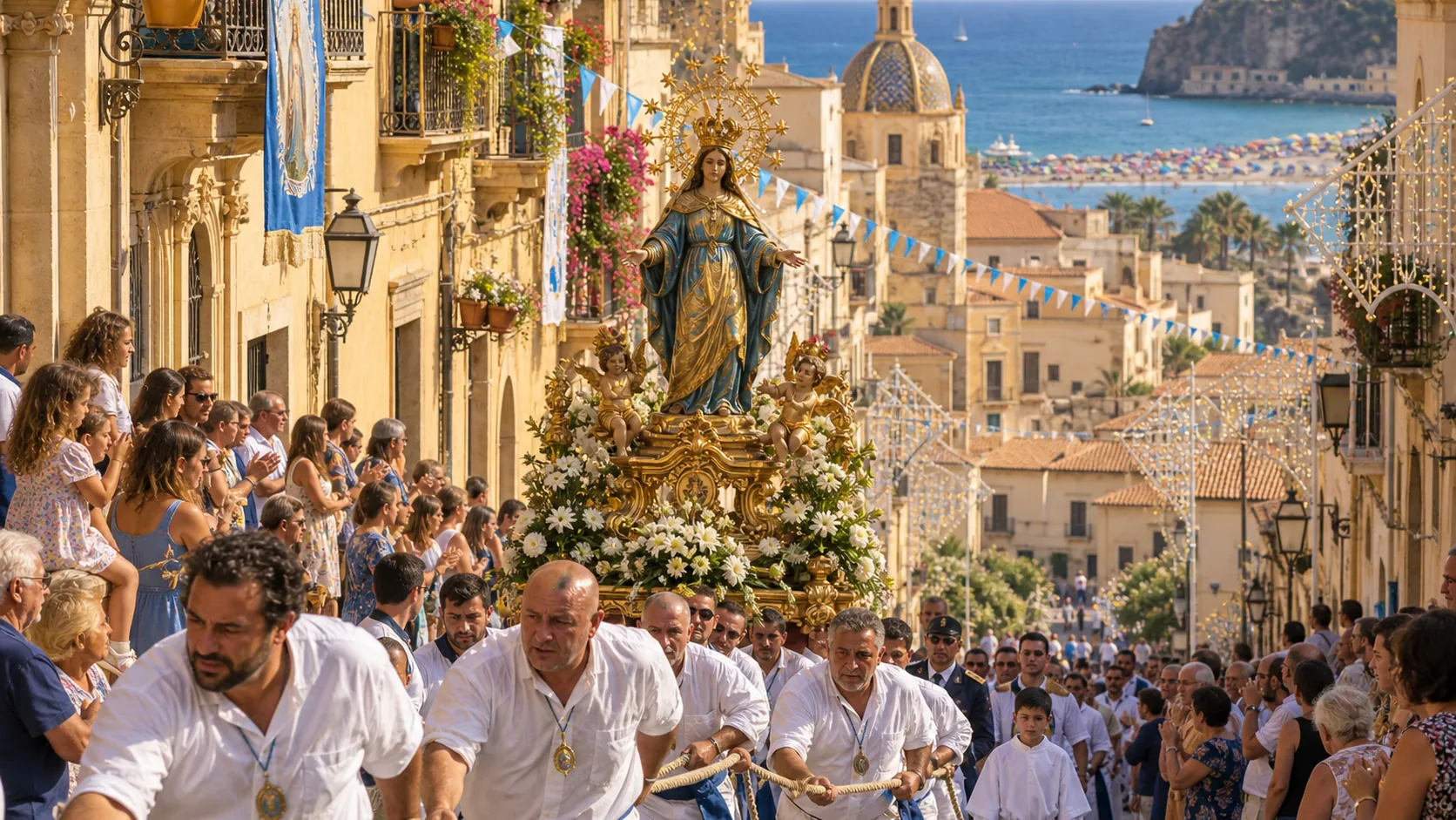 Prozession mit Marienstatue durch eine sizilianische Altstadtgasse, im Hintergrund das Meer
