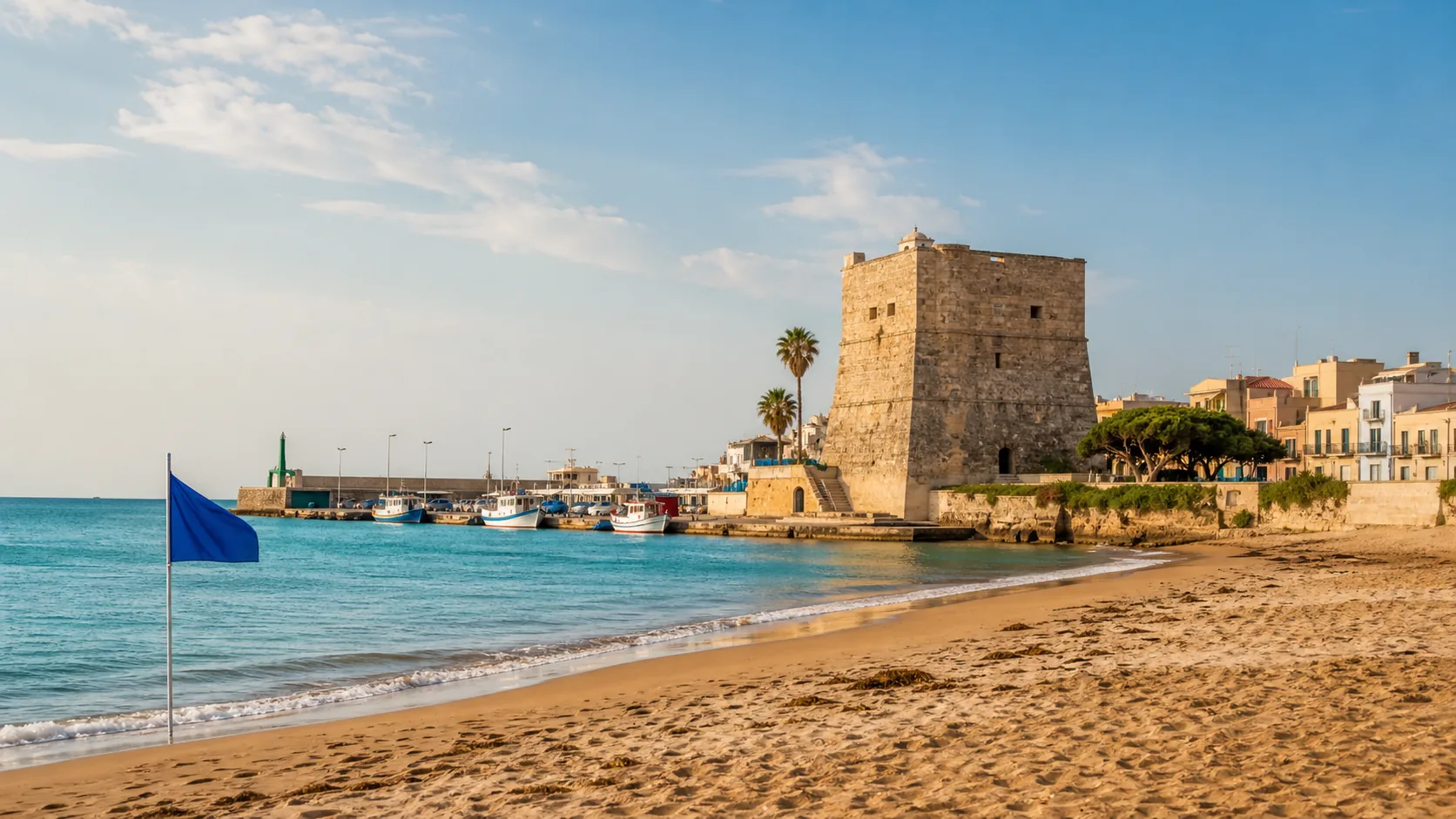 Pozzallo mit Torre Cabrera, Sandstrand und Malta-Fähre im Hafen
