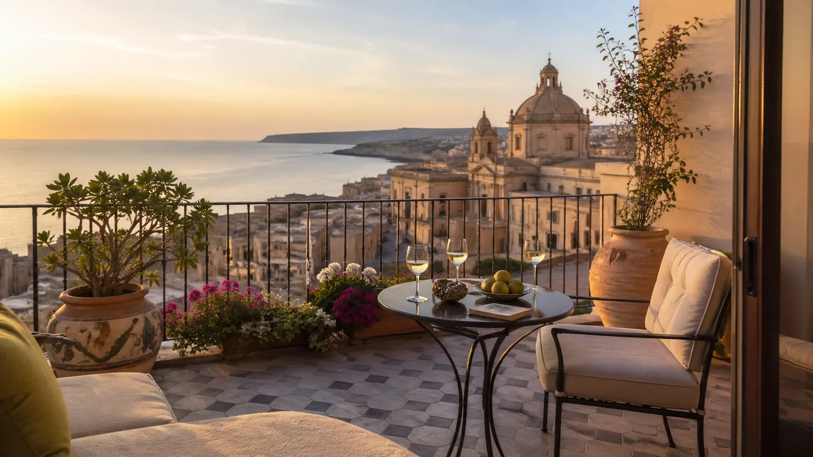 Sonnenuntergang-Terrasse mit Mittelmeerblick